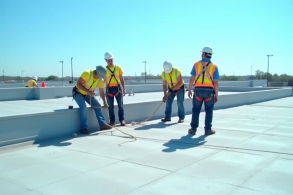 Premier Roofing team members on a commercial roof, wearing safety gear and inspecting the work.
