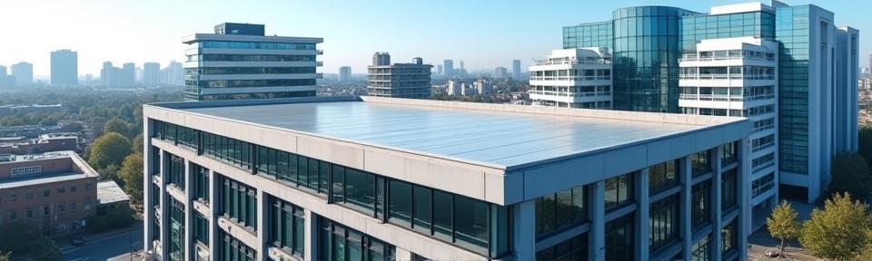 Newly installed commercial roof on a modern office building.