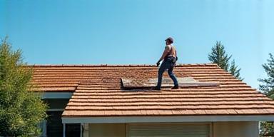 Residential property undergoing re-roofing with new materials.